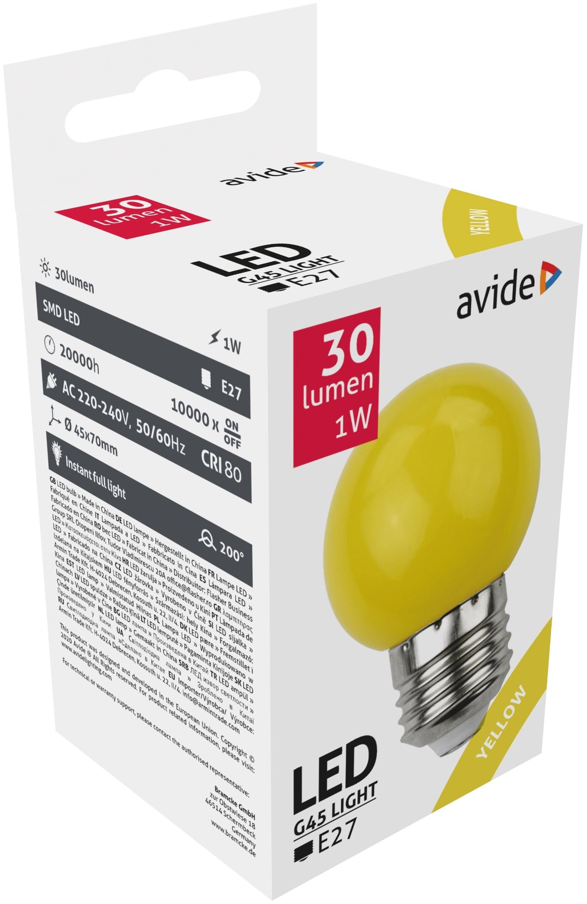 Avide 26063 Žarnica Decor - rumena LED SMD E27 1W G45