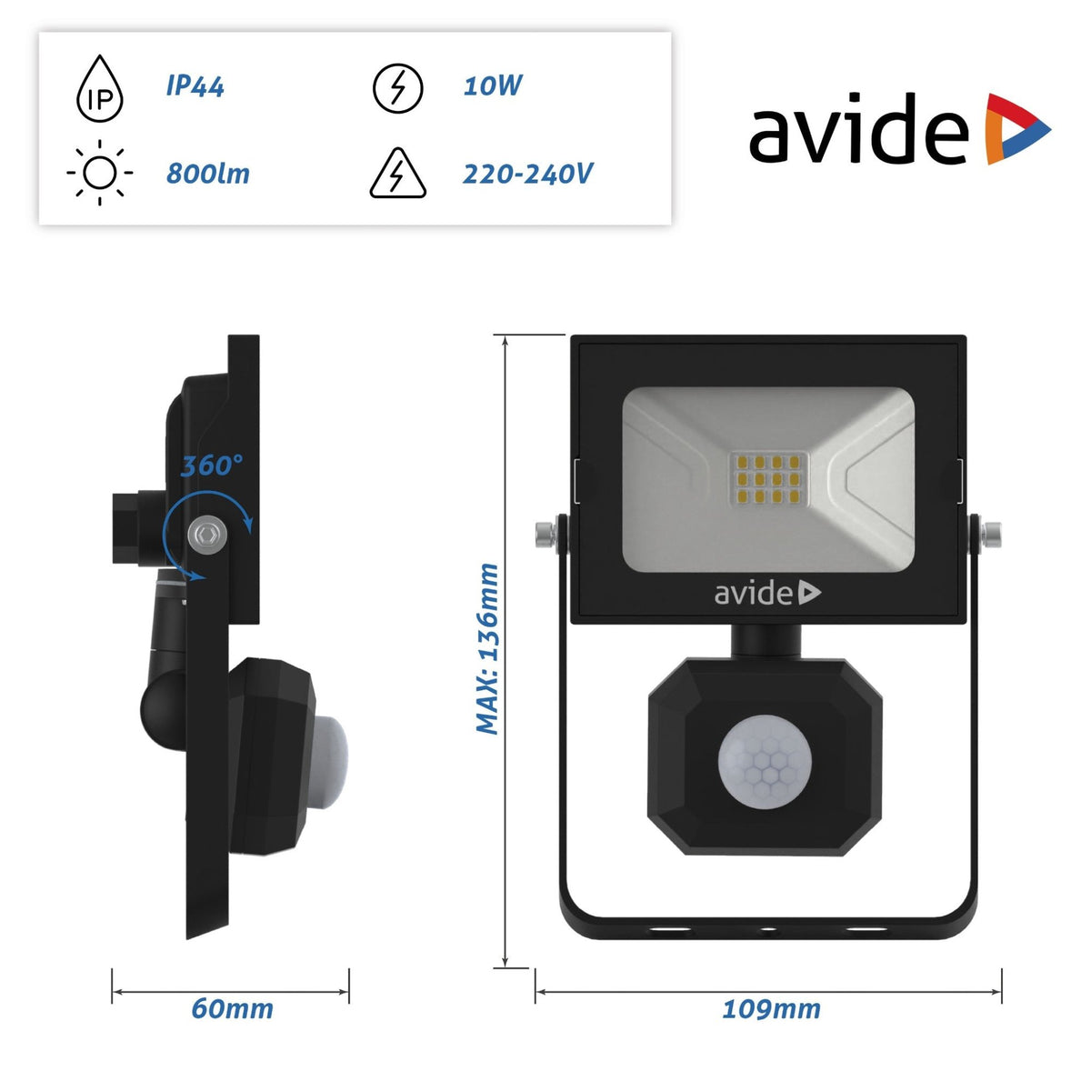 Avide 908984 Reflektor s senzorjem SMD LED 10W NW  800 lm