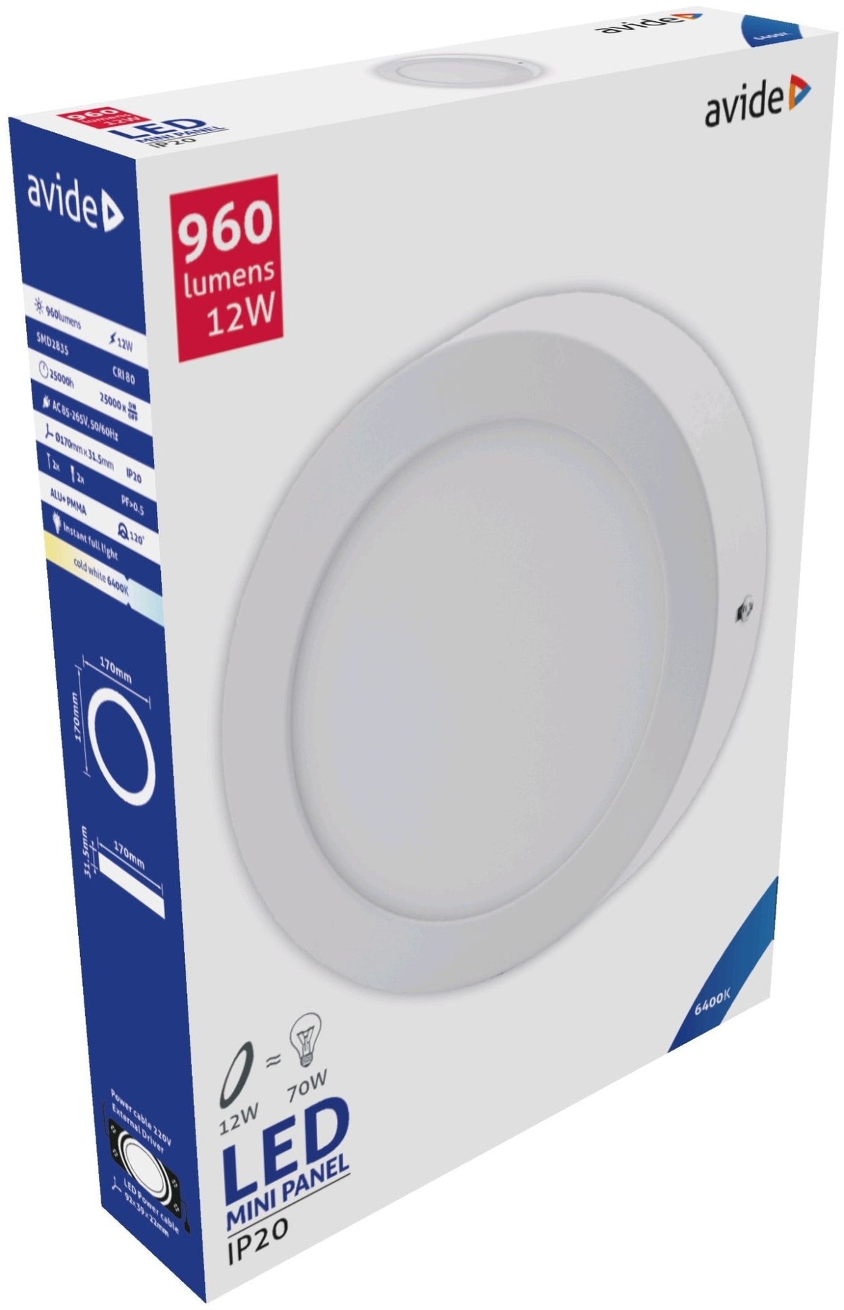 Avide 281901 Svetilka stropna LED 12W 6400K 960lm fi170mm