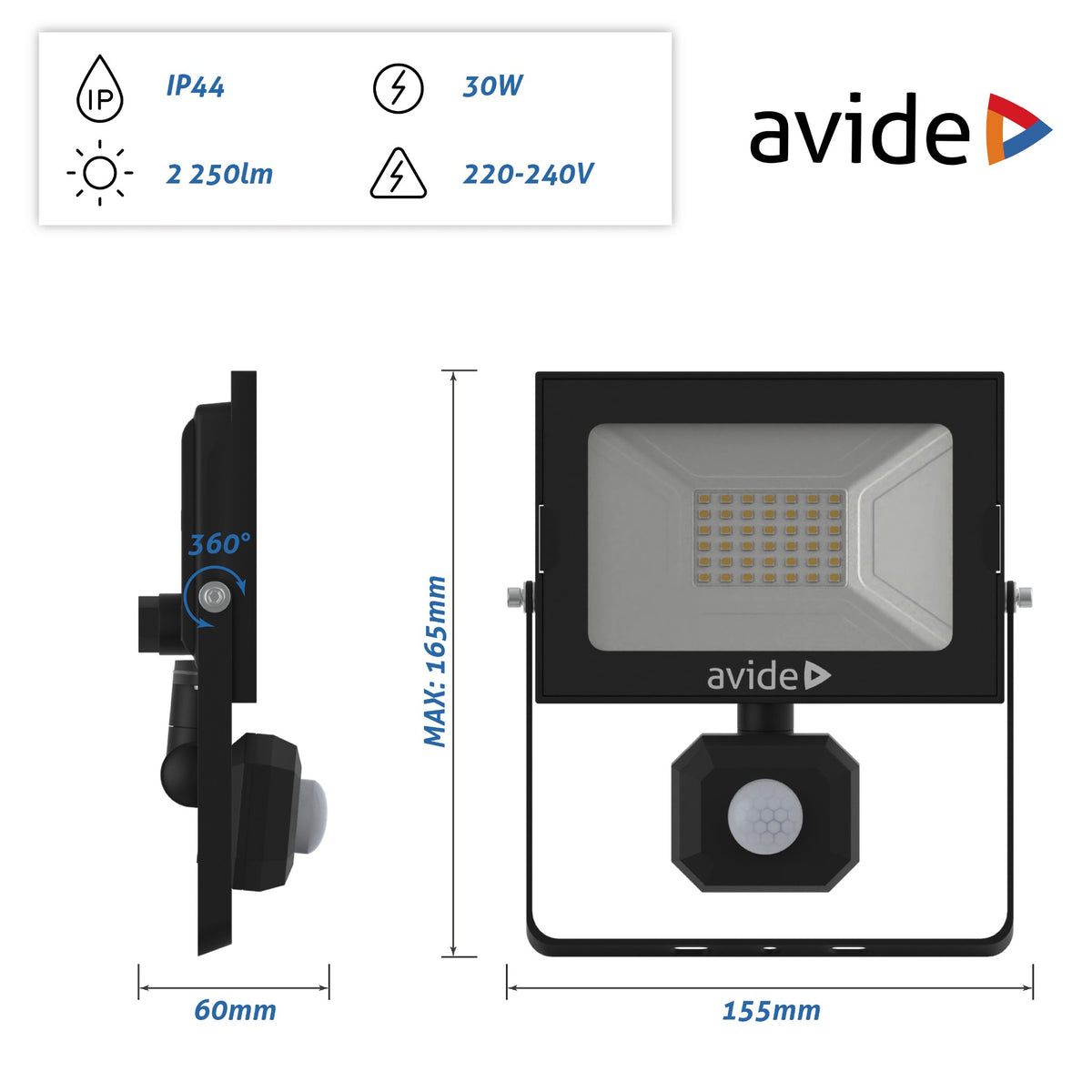 Avide 909028 SMD LED Reflektor Slim s senzorjem gibanja 30W NW 2250 lm